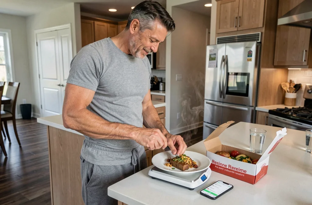 Homme pesant une portion de repas de régime sur une balance de cuisine avec une application nutritionnelle