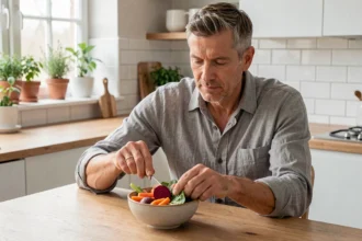 Homme de 45 ans préparant un repas sain à base de légumes pour réduire les transaminases et améliorer la santé du foie