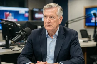 Journaliste expérimenté assis à un bureau de plateau télévisé avec une expression réfléchie, illustrant un article sur les rumeurs de maladie d'une personnalité médiatique
