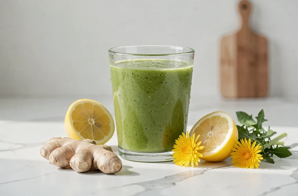 Jus vert détoxifiant au citron et gingembre posé sur marbre blanc pour illustrer un plan alimentaire pour réduire les transaminases