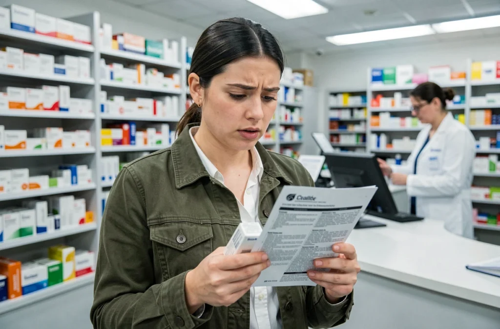 Jeune femme lisant attentivement la notice d'un médicament en pharmacie, s'informant sur la durée et les facteurs aggravants des effets indésirables