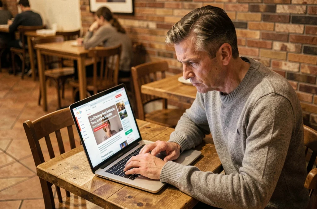 Personne lisant des informations sur un ordinateur portable dans un café, illustrant la propagation des rumeurs de santé sur les célébrités dans les médias en ligne