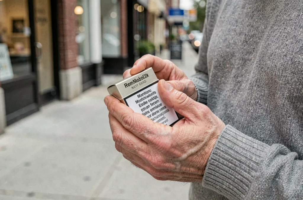 Mains tenant un paquet de cigarettes avec étiquette d'avertissement sanitaire en milieu urbain