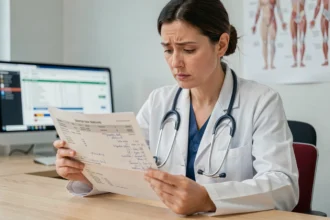 Médecin femme analysant des résultats d'analyses sanguines incluant ferritine CRP et transaminases dans un cabinet médical moderne