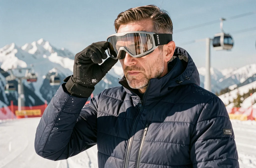 Moniteur de ski inspectant des lunettes de ski avec verres ZEISS au sommet d'une piste enneigée
