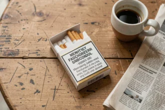 Paquet de cigarettes ouvert posé sur une table de café en bois avec avertissement sanitaire visible