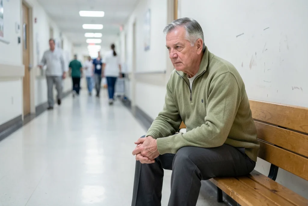Patient âgé seul dans un couloir d'hôpital réfléchissant à son diagnostic de récidive tardive de cancer