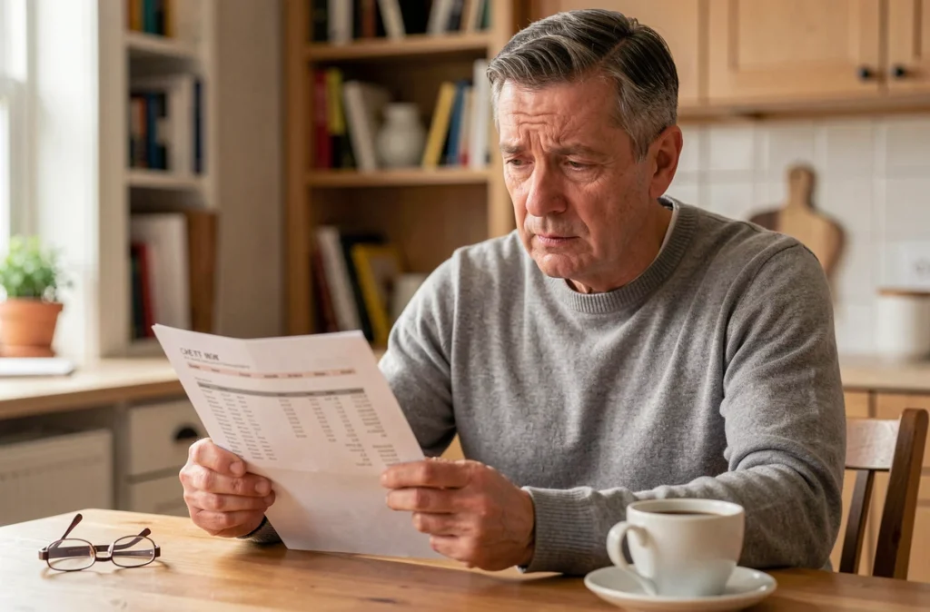 Homme d'âge mûr lisant ses résultats d'analyses biologiques à domicile avec une expression préoccupée concernant ses valeurs de ferritine et transaminases