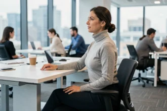 Femme adoptant une posture cervicale correcte devant un bureau ergonomique en open space professionnel