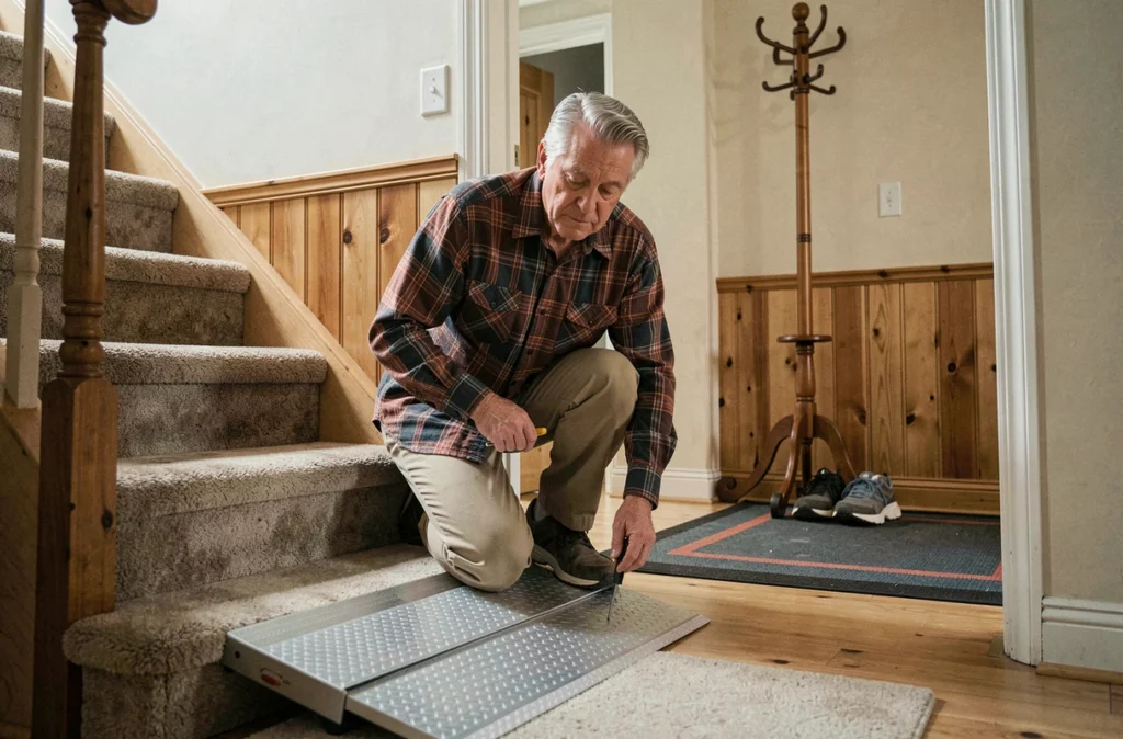 Homme senior installant une rampe de seuil au bas d'un escalier intérieur pour sécuriser la maison