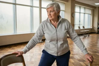 Une femme senior pratiquant des exercices d'étirement adaptés dans un gymnase communautaire pour améliorer sa mobilité