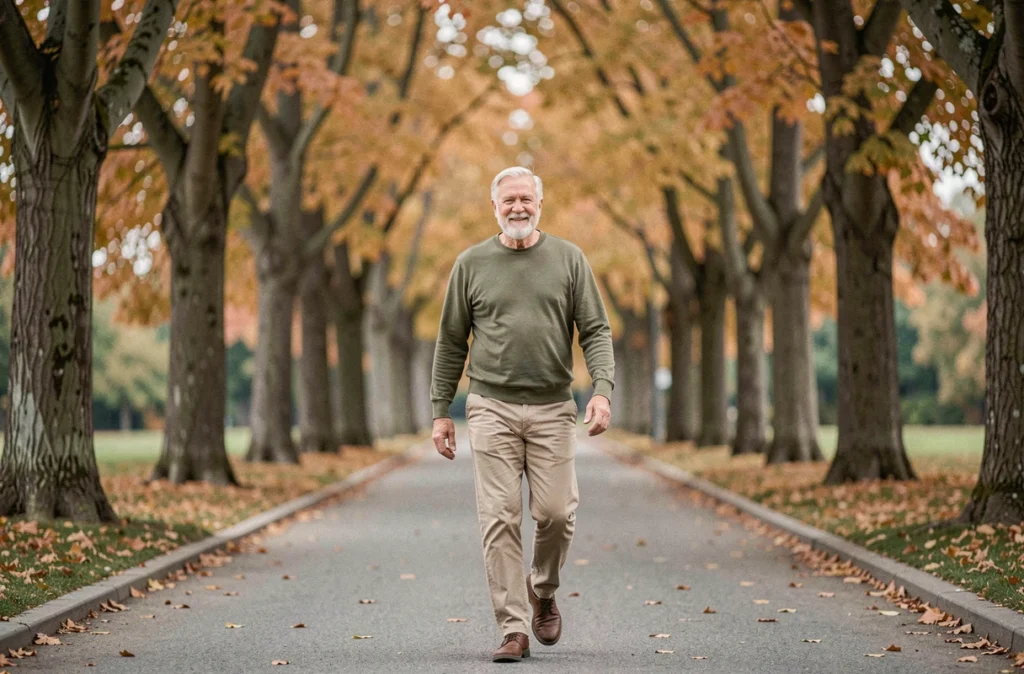 Un homme âgé marchant activement dans un parc en automne dans le cadre d'une activité physique adaptée aux seniors