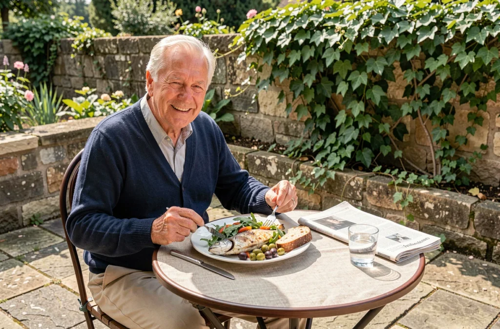 Un homme âgé mange un repas méditerranéen équilibré sur une terrasse extérieure, symbolisant l'importance d'une bonne nutrition pour préserver l'autonomie des personnes âgées.