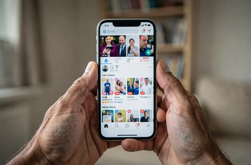 Gros plan de mains tenant un smartphone affichant des publications sur les réseaux sociaux, symbolisant la viralité des rumeurs de maladie concernant des personnalités publiques