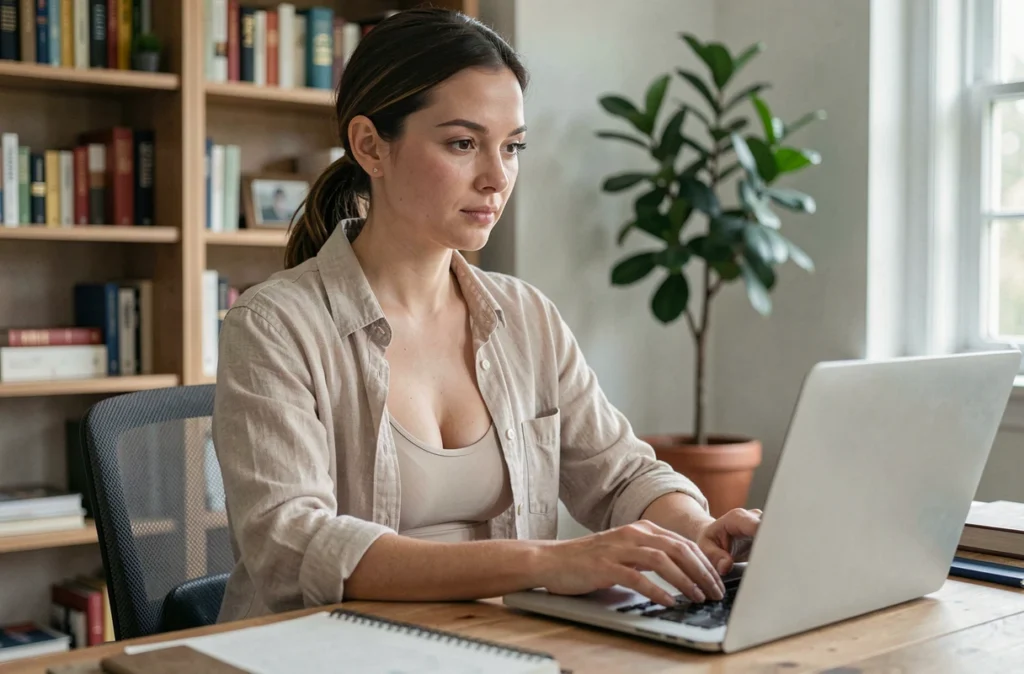 Femme portant un soutien-gorge de maintien postural au bureau à domicile avec une posture naturellement droite