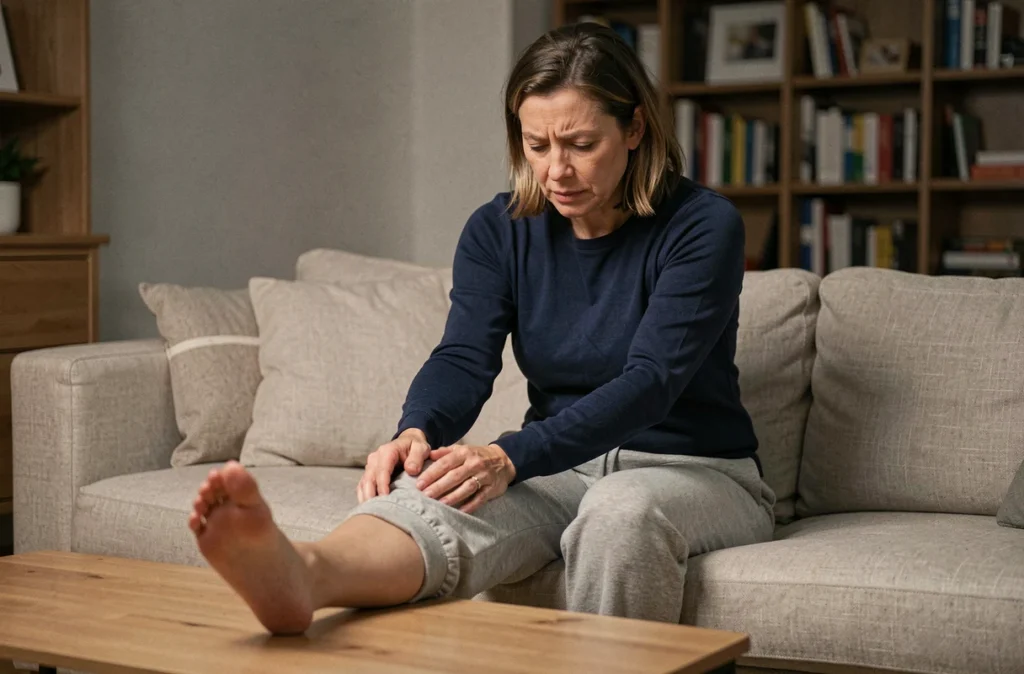 Femme assise sur un canapé en soirée se massant le mollet pour soulager un syndrome des jambes sans repos