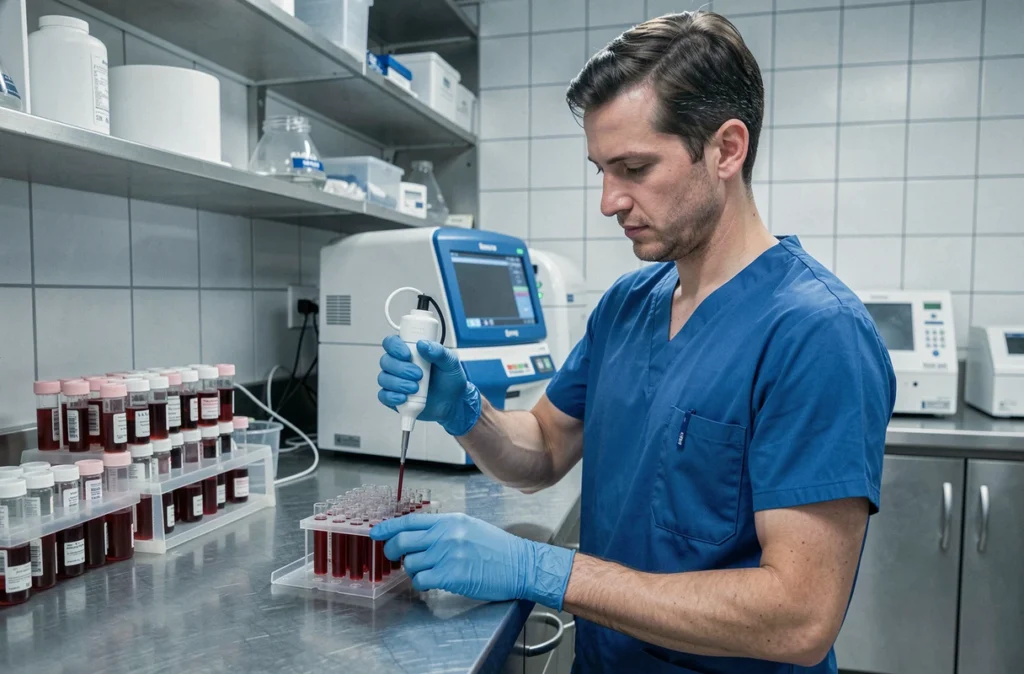 Technicien de laboratoire prélevant un échantillon de sérum sanguin pour analyser des marqueurs biologiques comme la ferritine et la CRP
