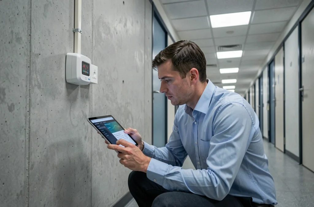 Technicien informatique universitaire inspectant un point d'accès wifi dans un couloir de campus pour résoudre des problèmes de connexion réseau