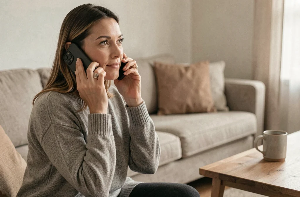 Femme appelant ikopositive par téléphone depuis son domicile pour obtenir un bilan santé personnalisé