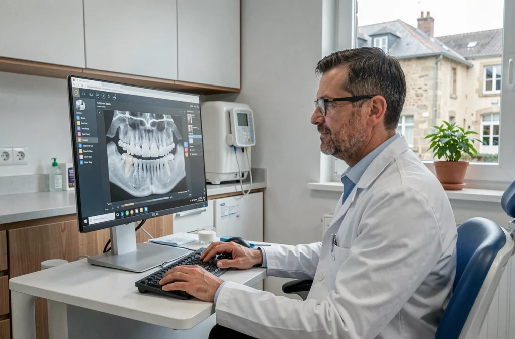 Dr Cédric Langlois consultant un scan dentaire numérique dans son cabinet à Crépy-en-Valois