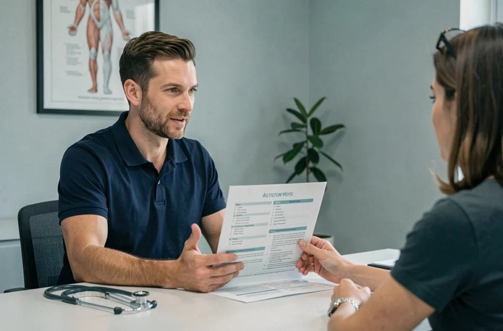 Consultant santé ikopositive en consultation face à un patient lors d'un bilan santé personnalisé en cabinet