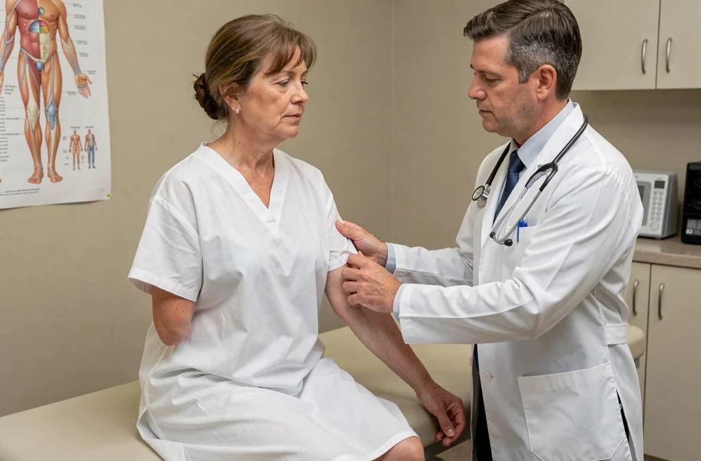 Médecin examinant le bras gauche d'une patiente pour diagnostiquer des fourmillements d'origine nerveuse ou cardiaque