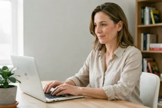 Femme tapant sur un ordinateur portable pour contacter ikopositive et prendre rendez-vous pour un bilan santé personnalisé