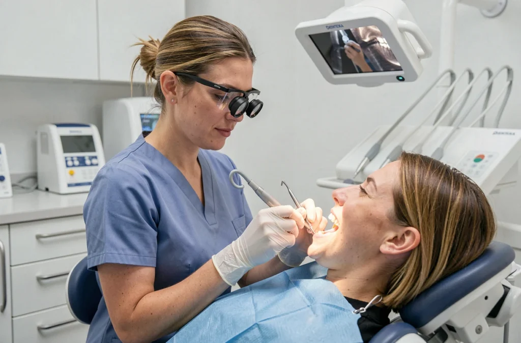 Hygiéniste dentaire réalisant un détartrage au centre DENTEKA à Creil