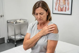 Femme de 45 ans tenant son épaule douloureuse après une infiltration dans une clinique orthopédique