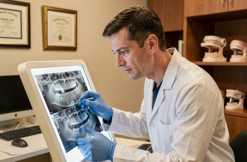 Dr Rudy Sitruk, dentiste, analysant des radiographies dentaires dans son cabinet professionnel