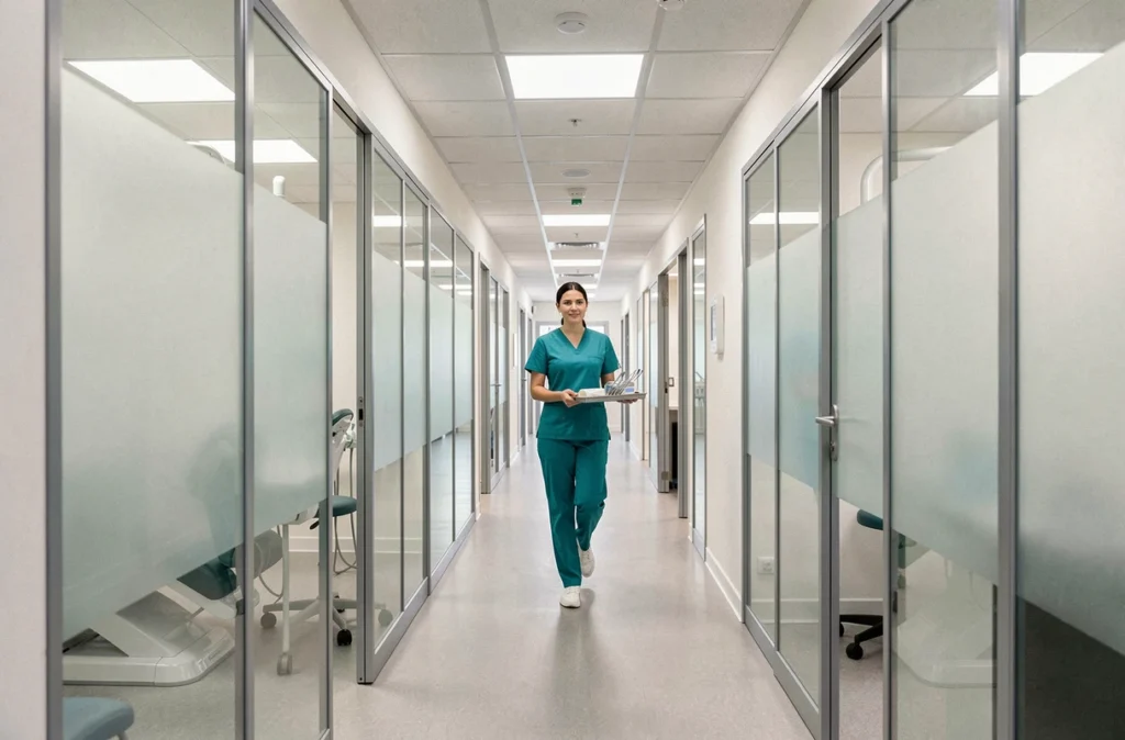 Couloir moderne de l'Espace Dentaire Compiègne avec assistant dentaire en mouvement