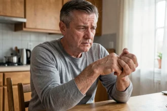 Homme d'âge moyen tenant son bras gauche avec une expression de gêne, illustrant les fourmillements dans le bras gauche