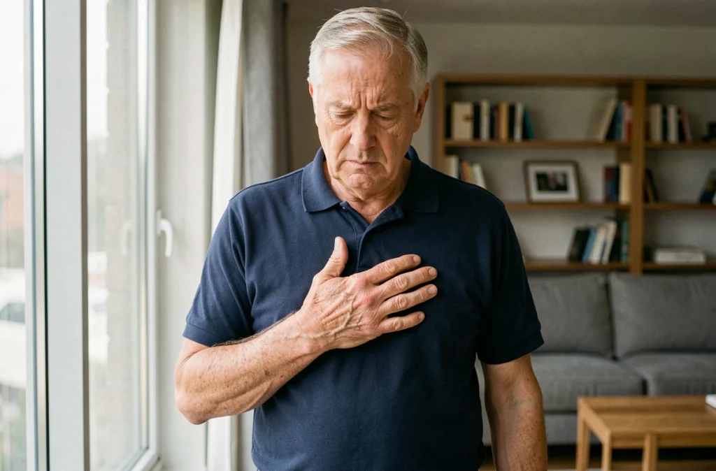 Homme senior portant la main à la poitrine avec le bras gauche engourdi, signe possible d'un problème cardiaque