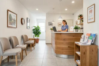 Salle d'attente moderne d'un centre dentaire dans l'Oise avec mobilier épuré et accueil professionnel