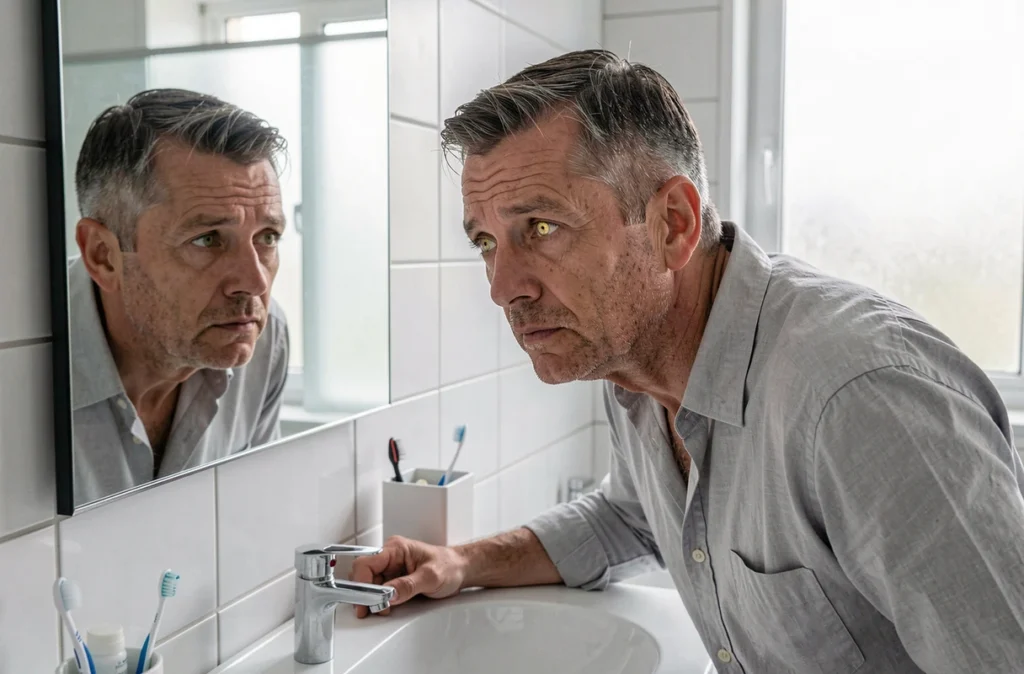 Homme mature dans sa salle de bain examinant ses yeux dans le miroir, signe possible d'ictère lié à un problème de foie