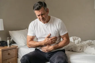 Homme d'une quarantaine d'années assis sur son lit, main posée sur l'abdomen supérieur droit, exprimant une gêne liée à des problèmes de foie